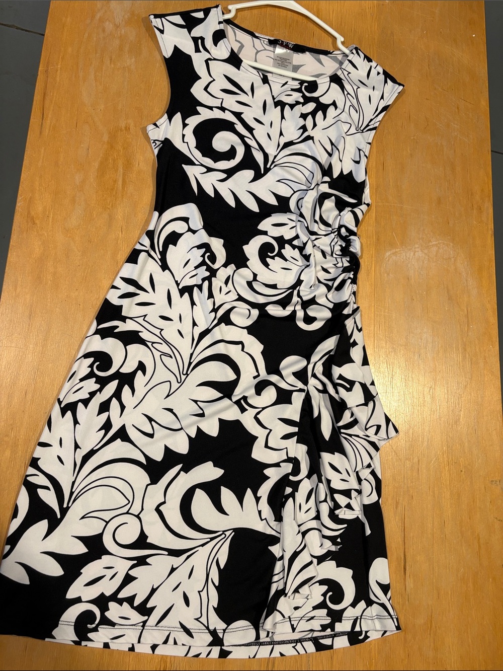 Just for Wraps ~ Jet Black & White Floral Midi Dress Ruffle Side Ruching